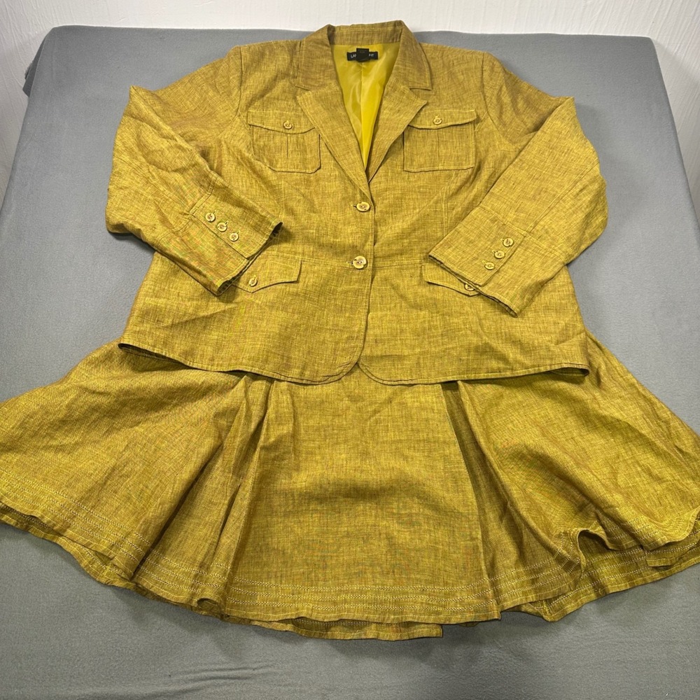 Lane Bryant 100% Linen 2 Piece Skirt Suit Set Chartreuse Yellow Plus Size 28 24
